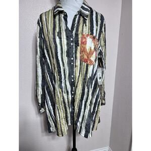 Ali Miles Top Shirt Womens L Multicolor Peal Snap Floral Pocket Tunic New